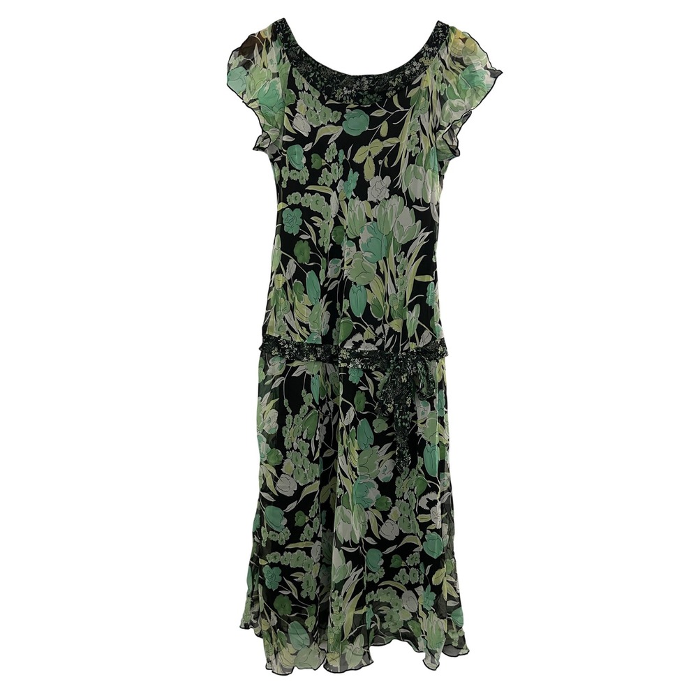 Believe Floral Chiffon Drop Waist Midi Dress Green Black Flutter Sleeve Size 12